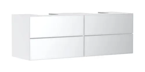 Weißer Waschtischunterschrank mit vier Schubkästen, geeignet für Aufsatzwaschtische, designed von Hansgrohe, minimalistisches und funktionales Design.